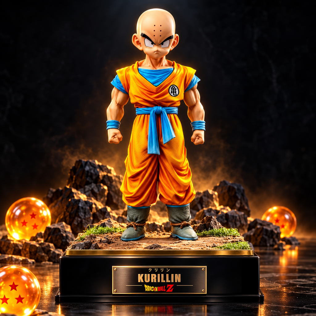 Figura coleccionable Krillin de Dragon Ball Z con uniforme naranja y base identificadora